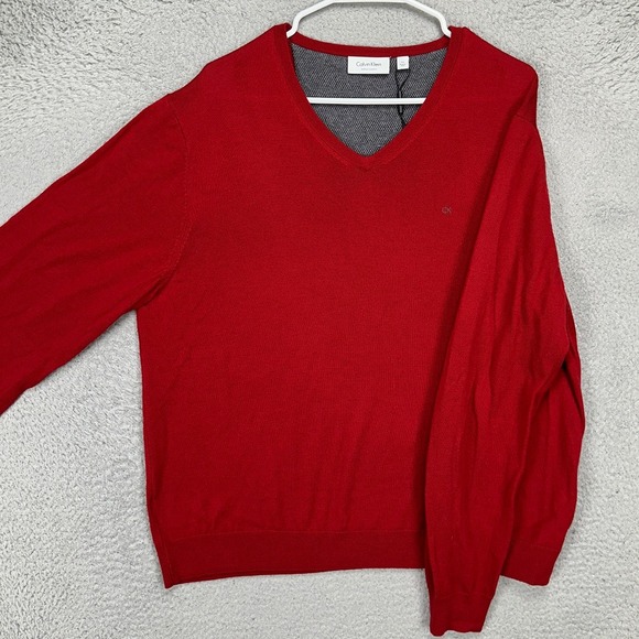 Calvin Klein Italian Merino Wool V-Neck Sweater Mens 2XL Red Pullover Knit NEW